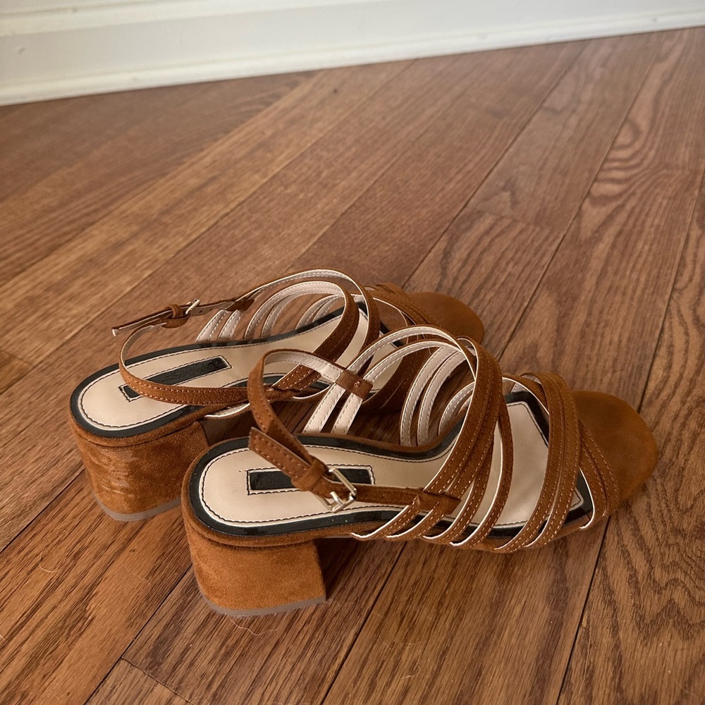 Miss Selfridge suede tan block heel sandals